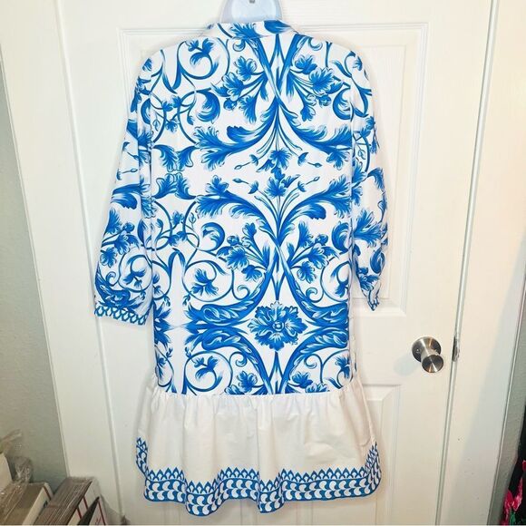 LINA TOMEI Italy Long Sleeve Cotton Baroque Drop Waist Dress Blue Floral M NWT - Picture 9 of 13